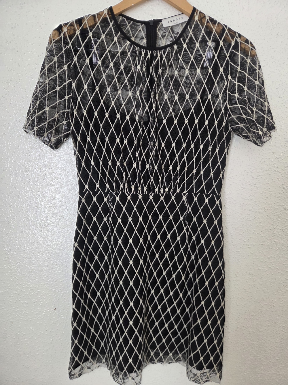Sandro Black Dress with White Diamond Lace Overlay